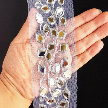 White Net Fabric Lace Trim With Silver Embroidery And Mirror Embellishments, Wedding Trims, Indian - 210119L458